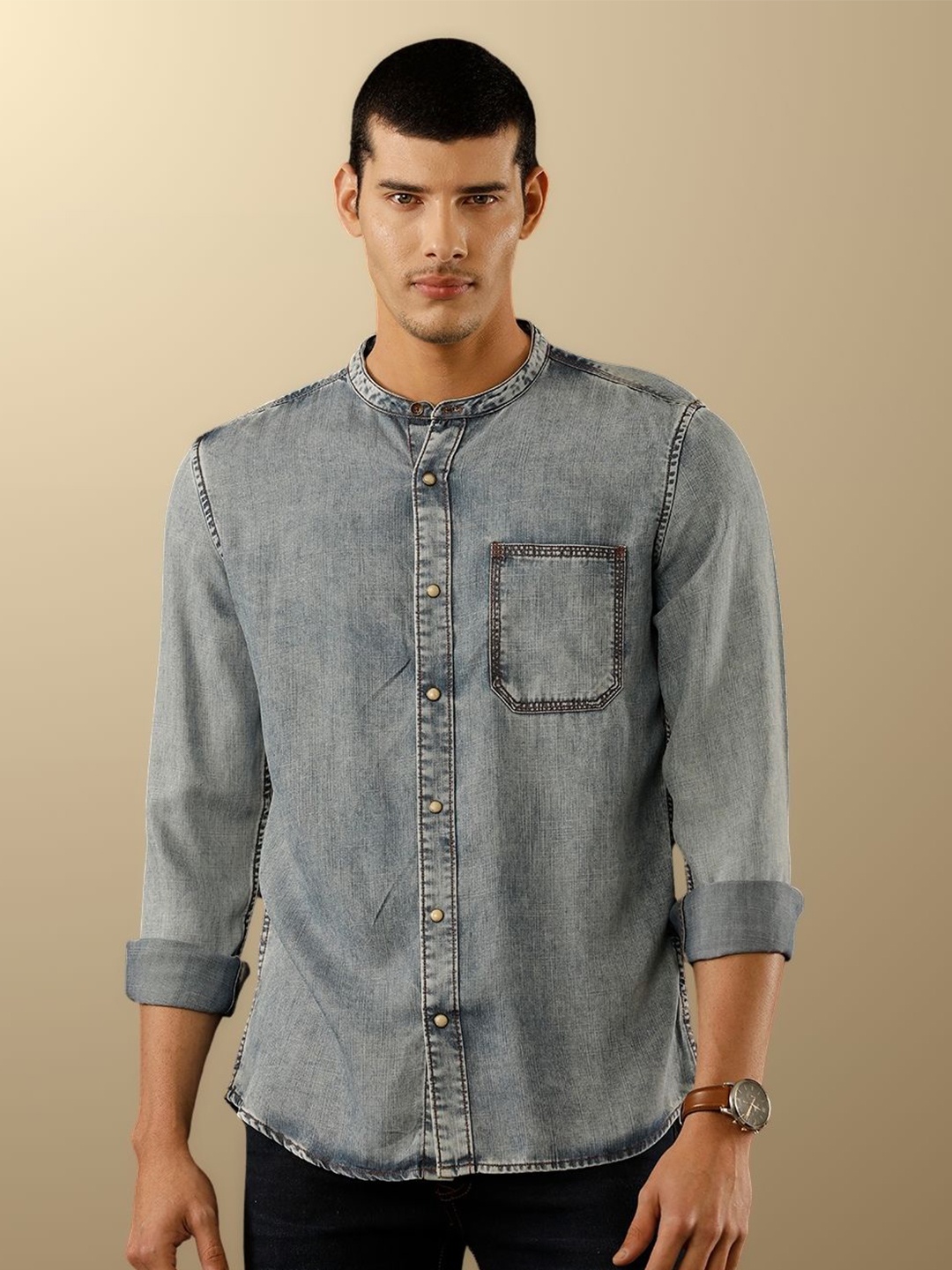 

TEMPLE OF DENIM Men India Slim Band Collar Solid Denim Casual Shirt, Blue