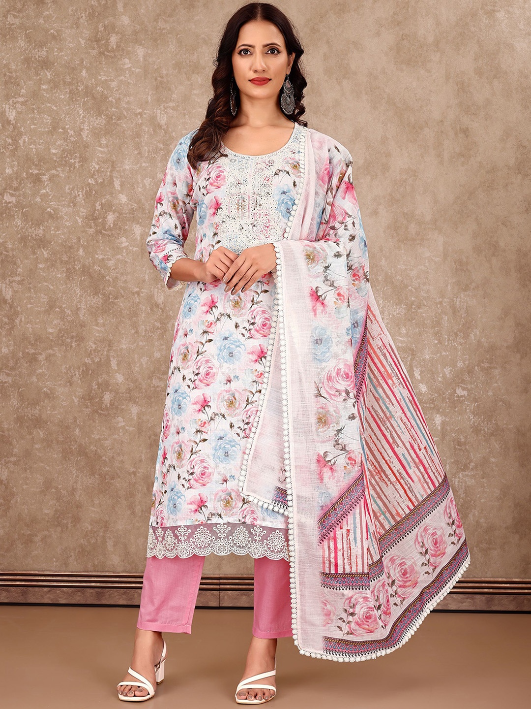 

VIRICA Floral Printed Regular Thread Work Kurta With Trousers & Dupatta, White