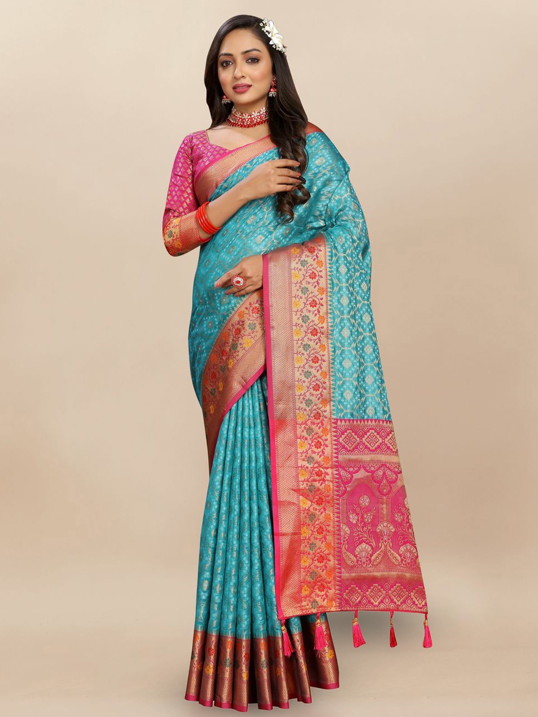 

MOKSHA DESIGNS Ethnic Motifs Zari Pure Silk Paithani Saree, Blue