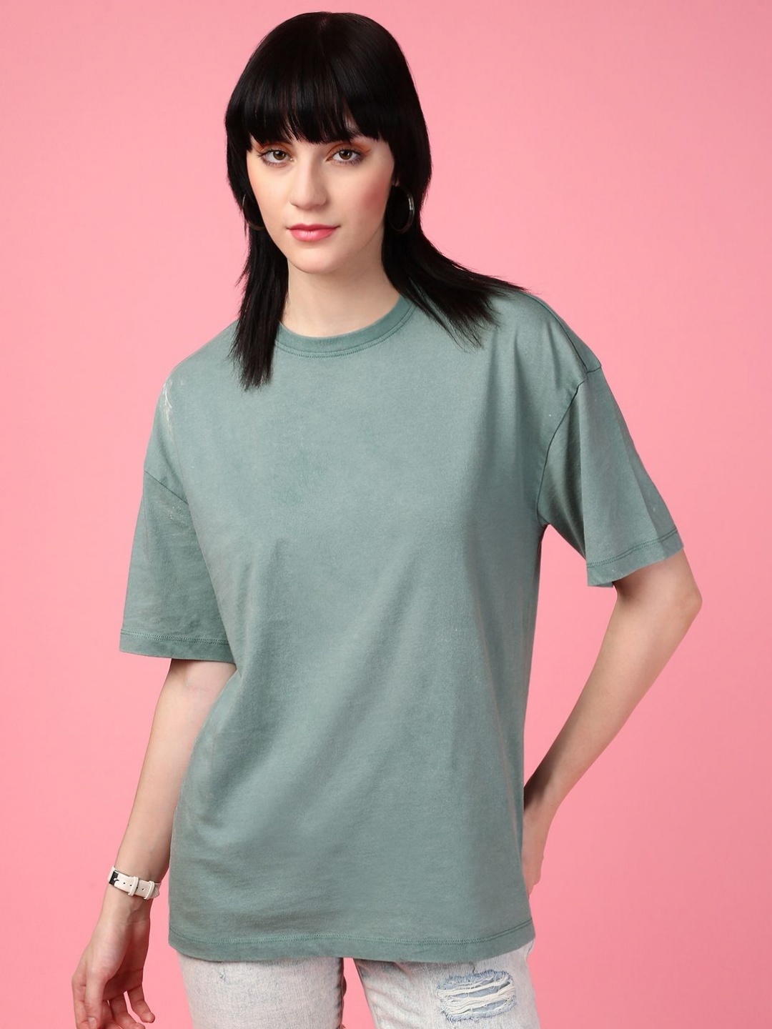 

DressBerry Women Solid Round Neck Cotton Boxy T-shirt, Green