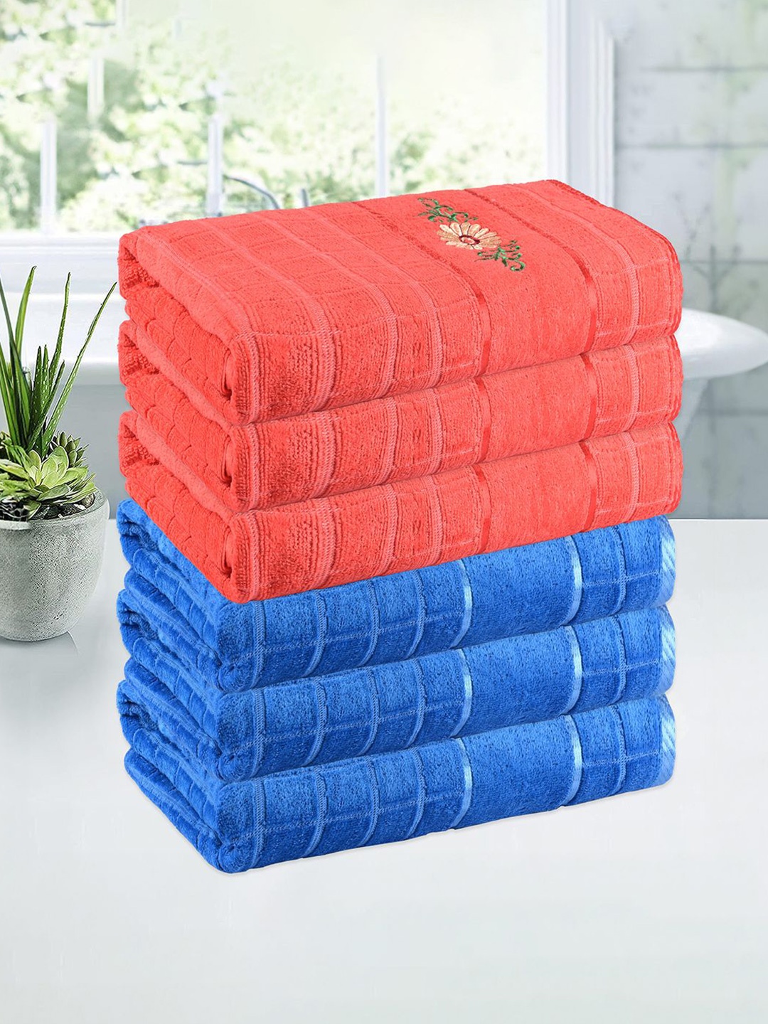 

Kuber Industries Blue & Orange 6 Pieces Striped 250 GSM Bath Towels