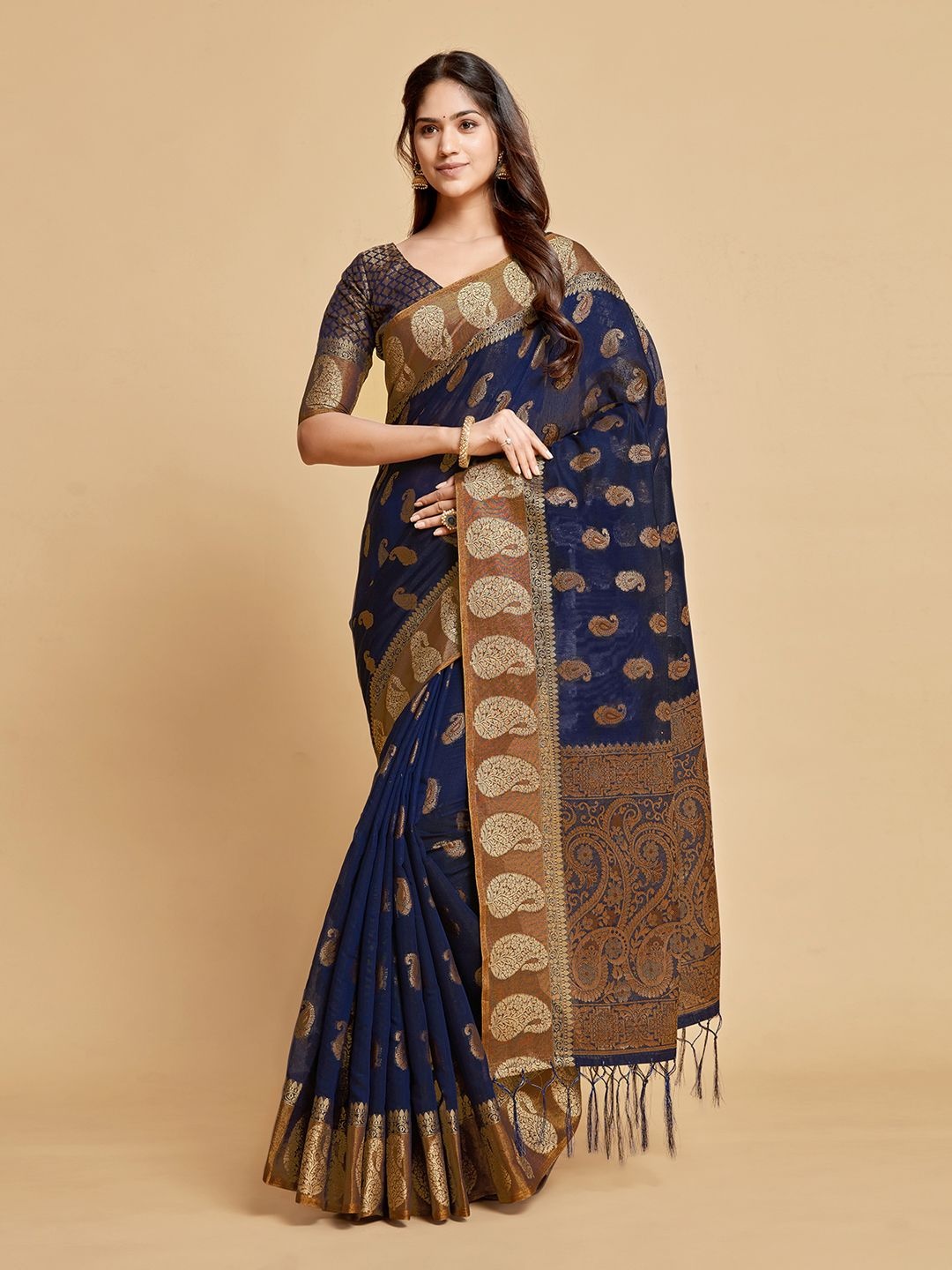 

MAHALASA Woven Design Zari Pure Cotton Chanderi Saree, Navy blue