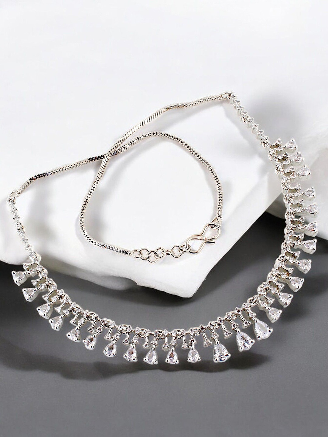 

LUCKY JEWELLERY Silver Plated American Diamond Studded Necklace