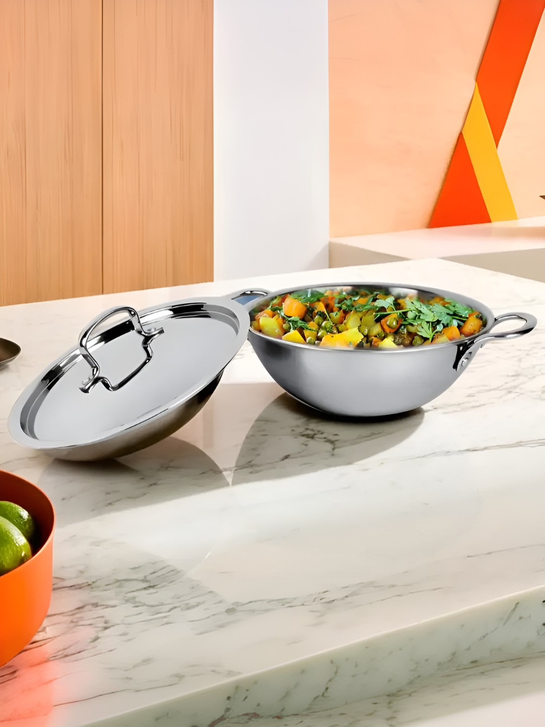 

UMAI Steel Induction Base Stainless Steel Kadai With Lid 2.6 l