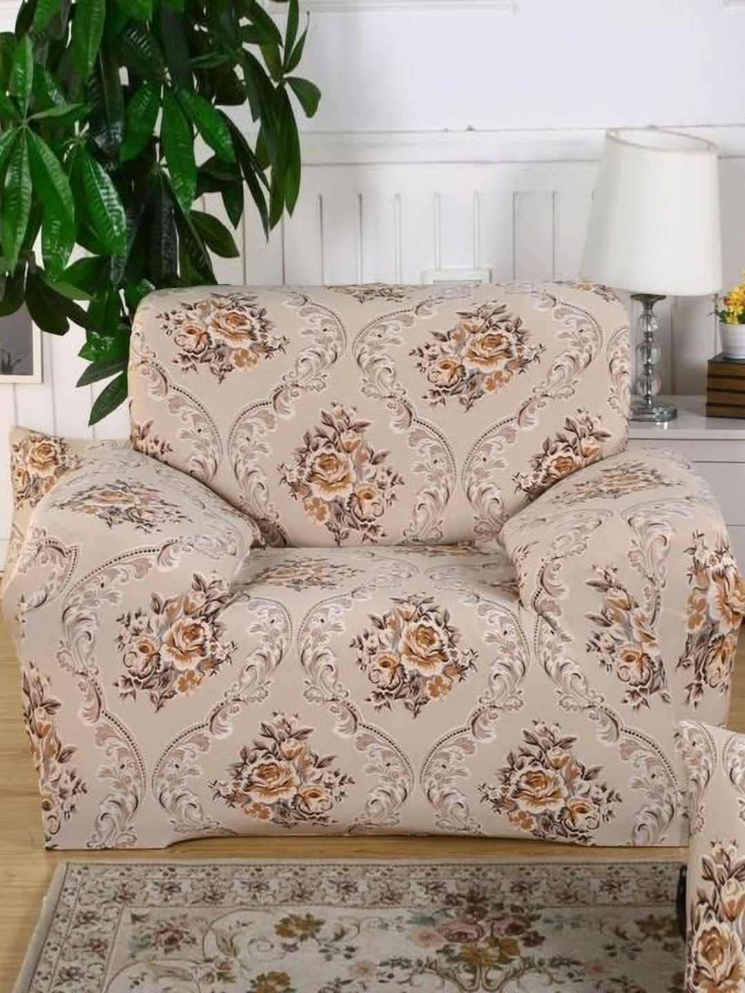 

B BESTILO Beige & Brown Floral Printed Single Seater Sofa Cover With Arms