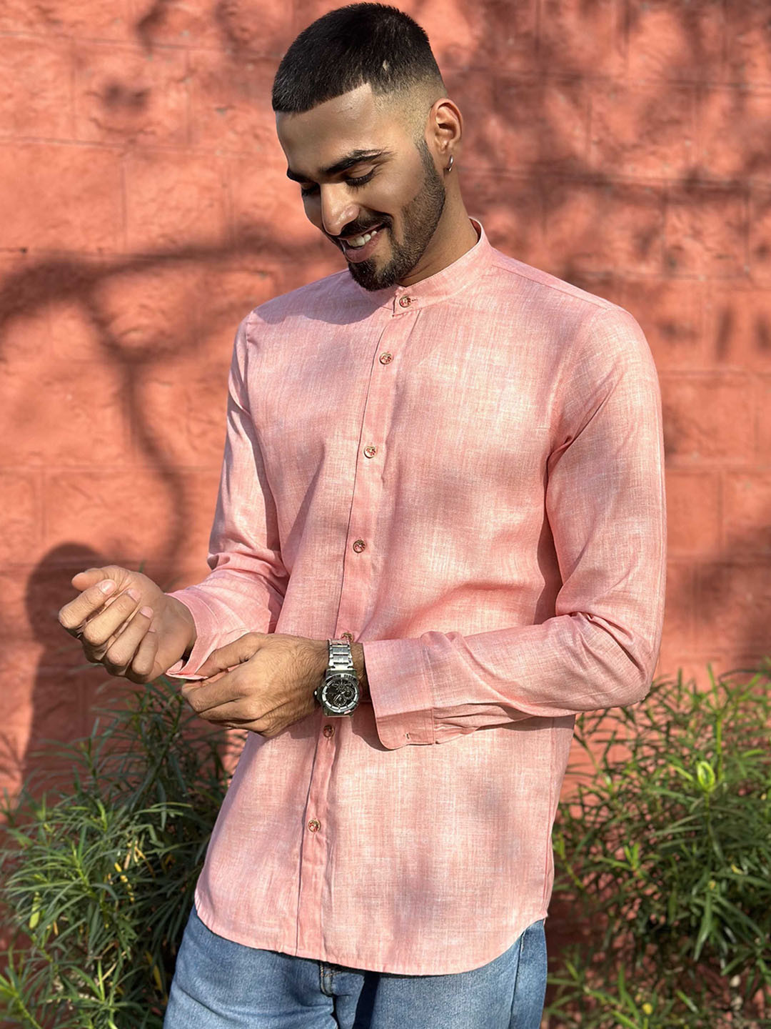 

Ethnic India Ethnic Motifs Woven Design Band Collar Straight Short Kurta, Beige