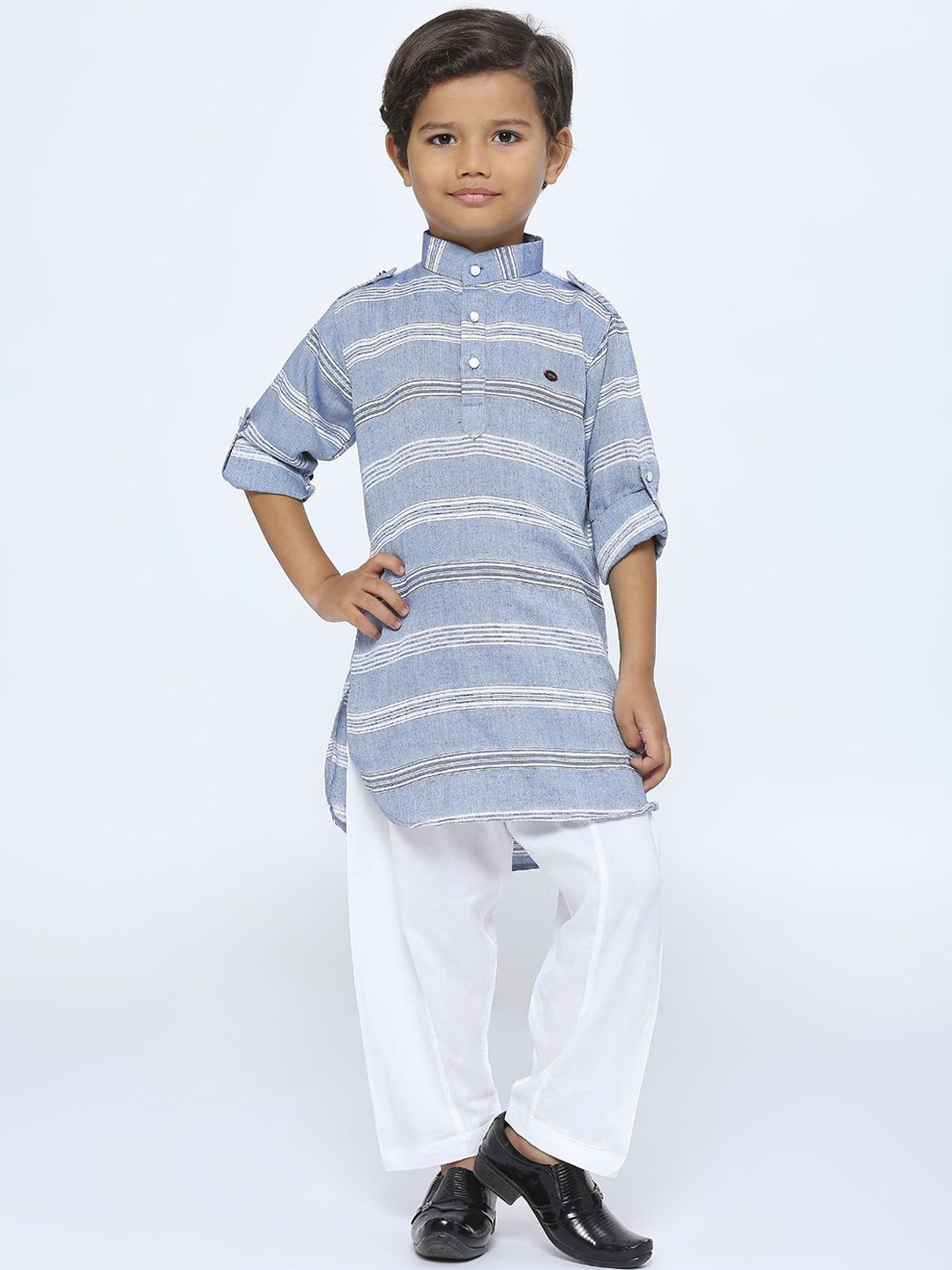 

YK Boys Striped Mandarin Collar Roll-Up Sleeves Pathani Kurta with Salwar, Blue