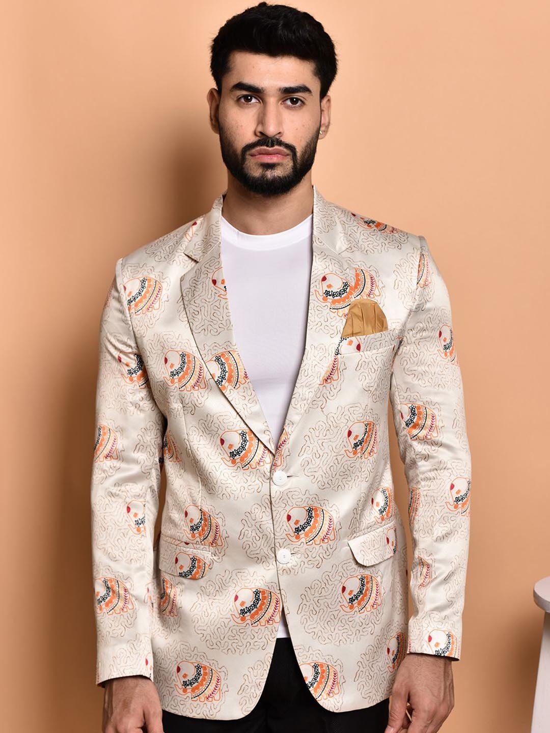 

PRINTCULTR Notched Lapel Printed Single-Breasted Blazers, Off white