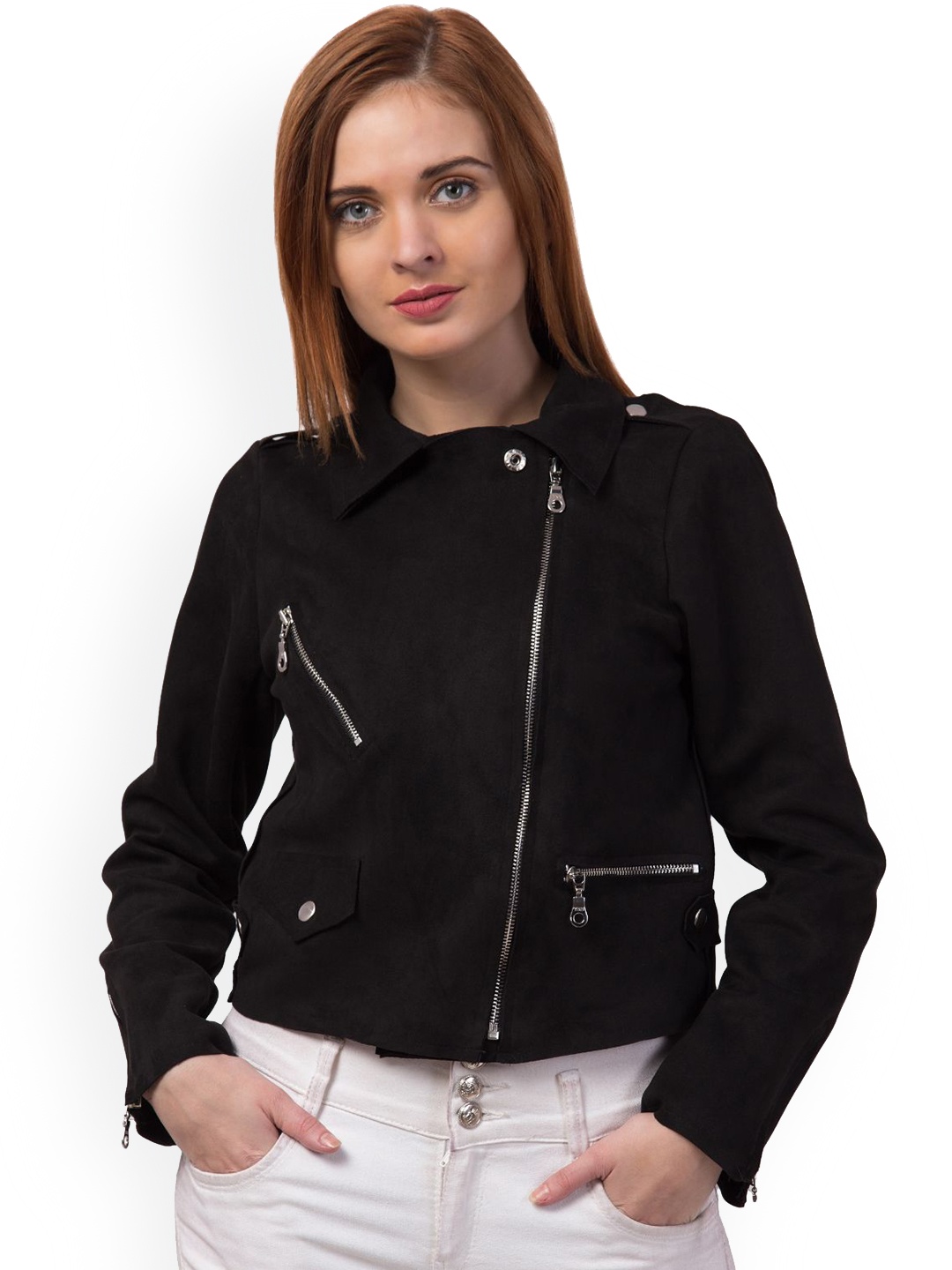 

GalaxyTrendz Women Suede Windcheater Crop Tailored Jacket, Black