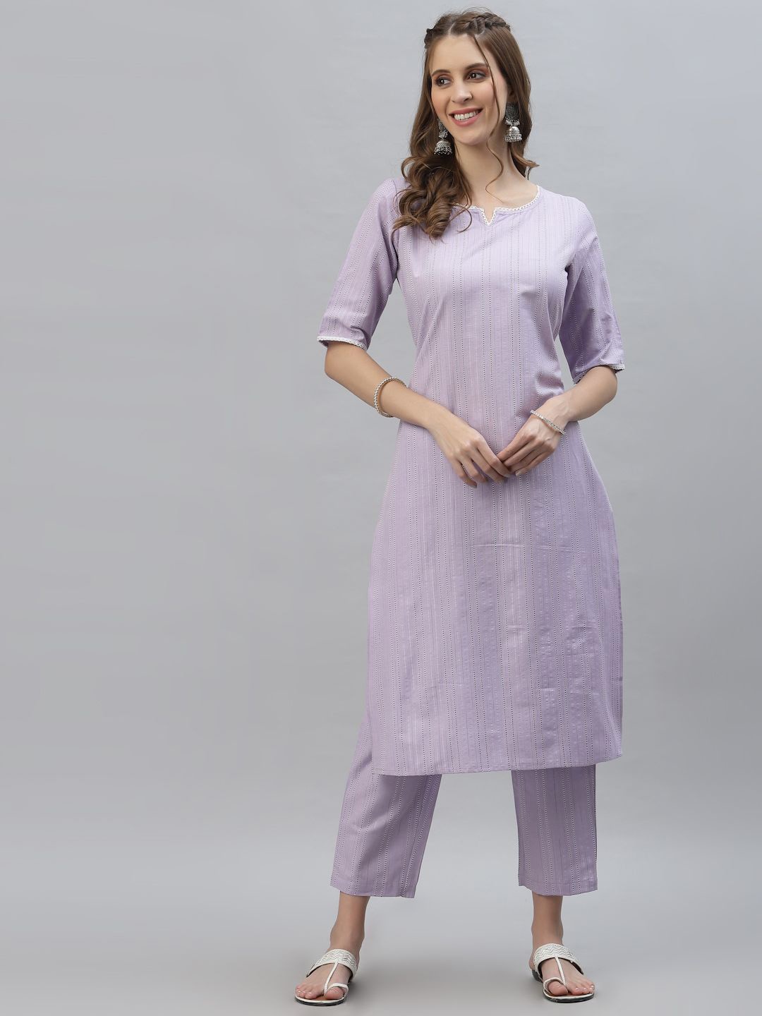 

Stylum Striped Woven Design Notch Neck Straight Kurta With Trousers, Mauve