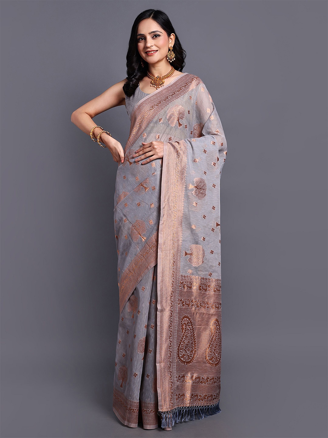 

SWAMI STUDIO Floral Zari Pure Cotton Kanjeevaram Saree, Grey