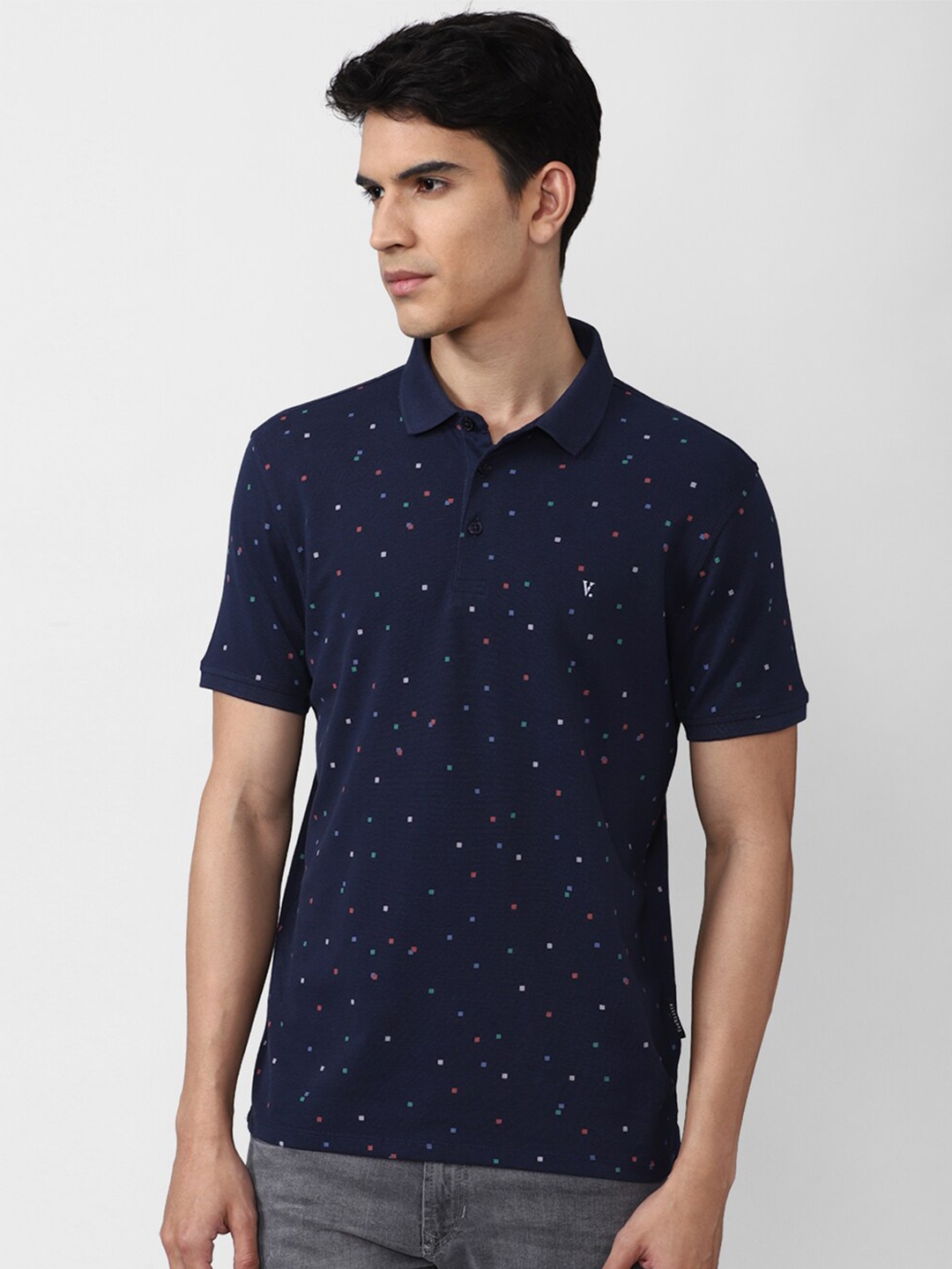 

V Dot Men Navy Blue Printed Polo Collar Slim Fit T-shirt