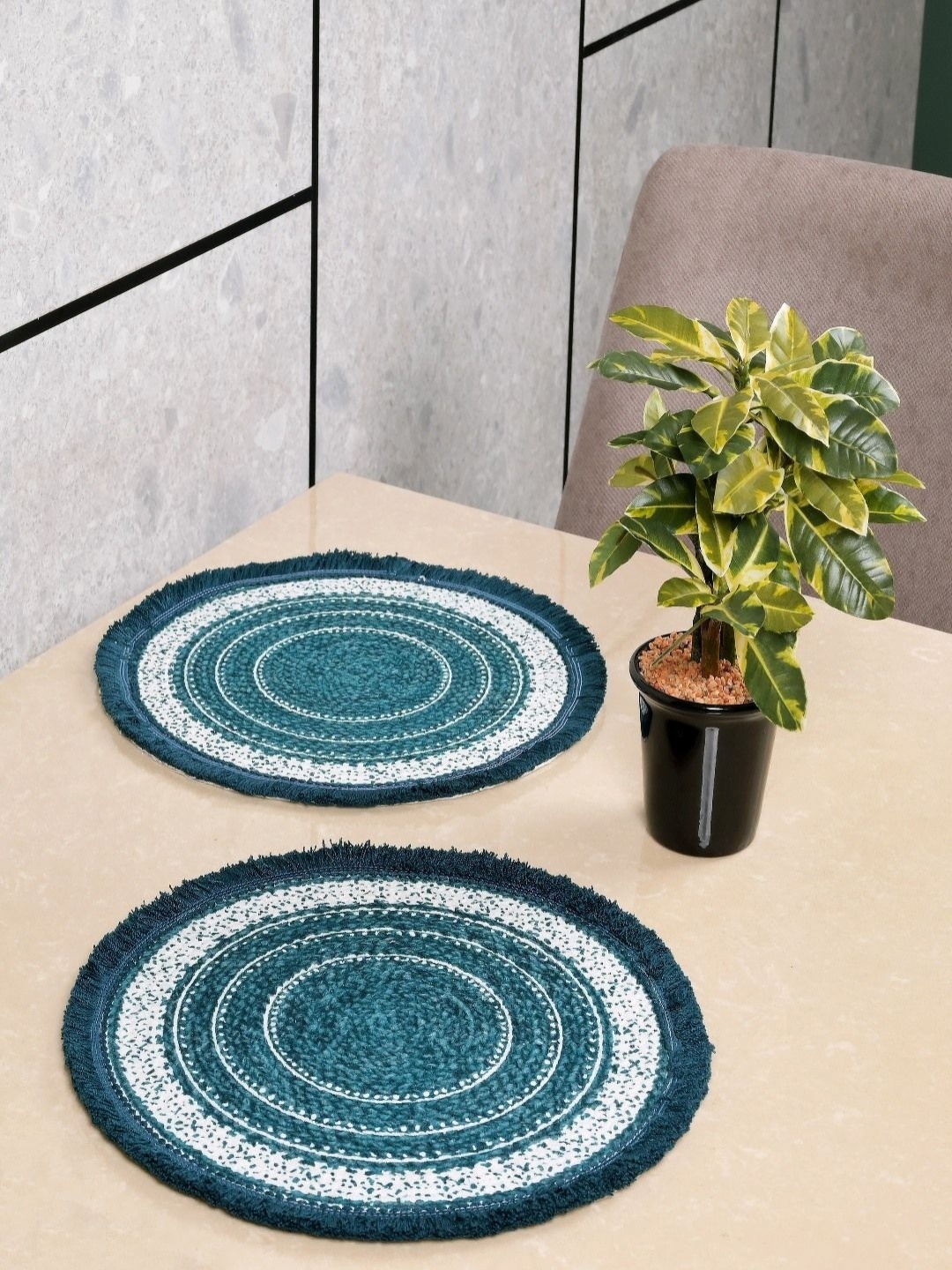 

Saral Home Teal-Blue & White 2 Pieces Printed Cotton Round Table Placemats