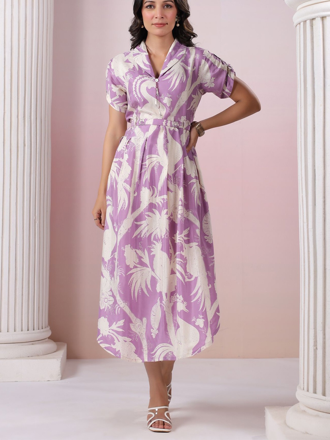 

JISORA Tribal Printed A-Line Midi Dress, Lavender