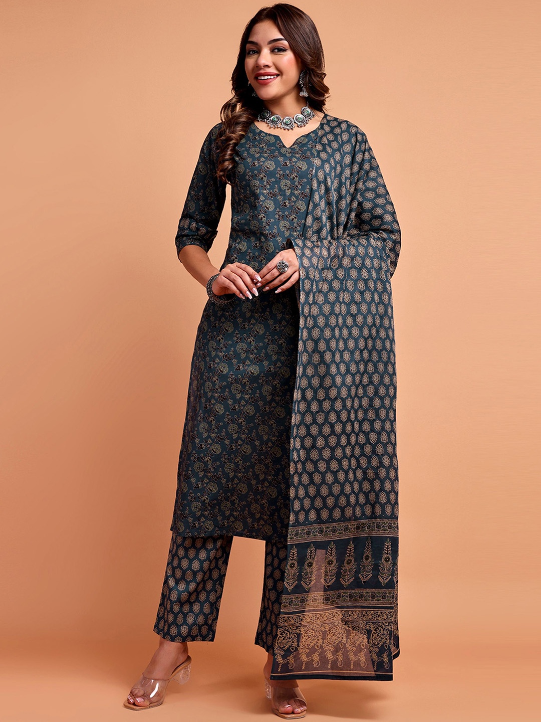 

Vastara the Label Floral Printed Organic Cotton Straight Kurta With Trousers & Dupatta, Teal