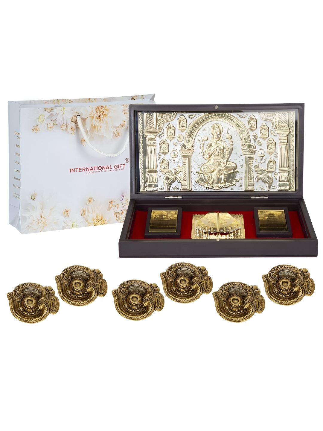 

INTERNATIONAL GIFT Gold-Toned Mata Saraswati Charan Paduka Box with 6 Om Diya