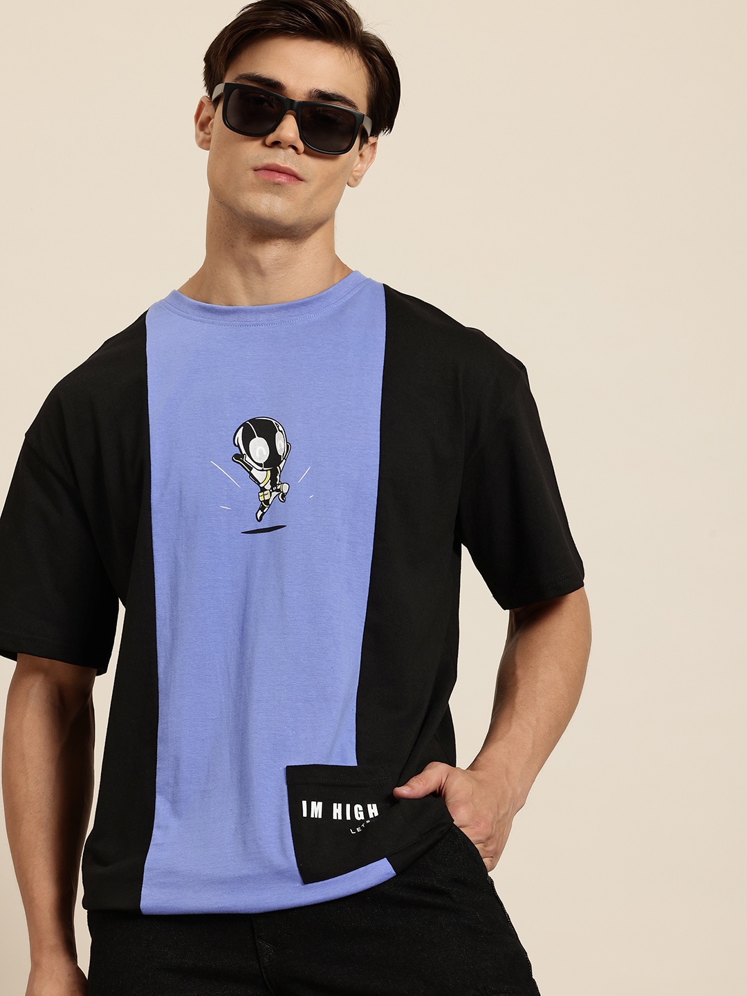 

HERE&NOW Colourblock Drop-Shoulder Sleeves Pure Cotton T-shirt, Blue