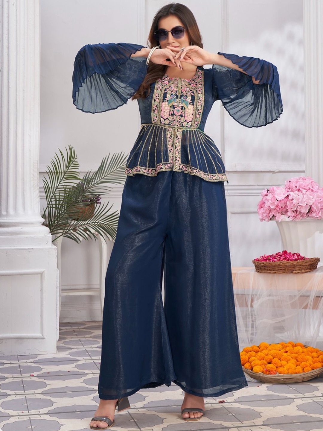 

JIVORA Embellished Round Neck Tunic With Palazzo, Blue