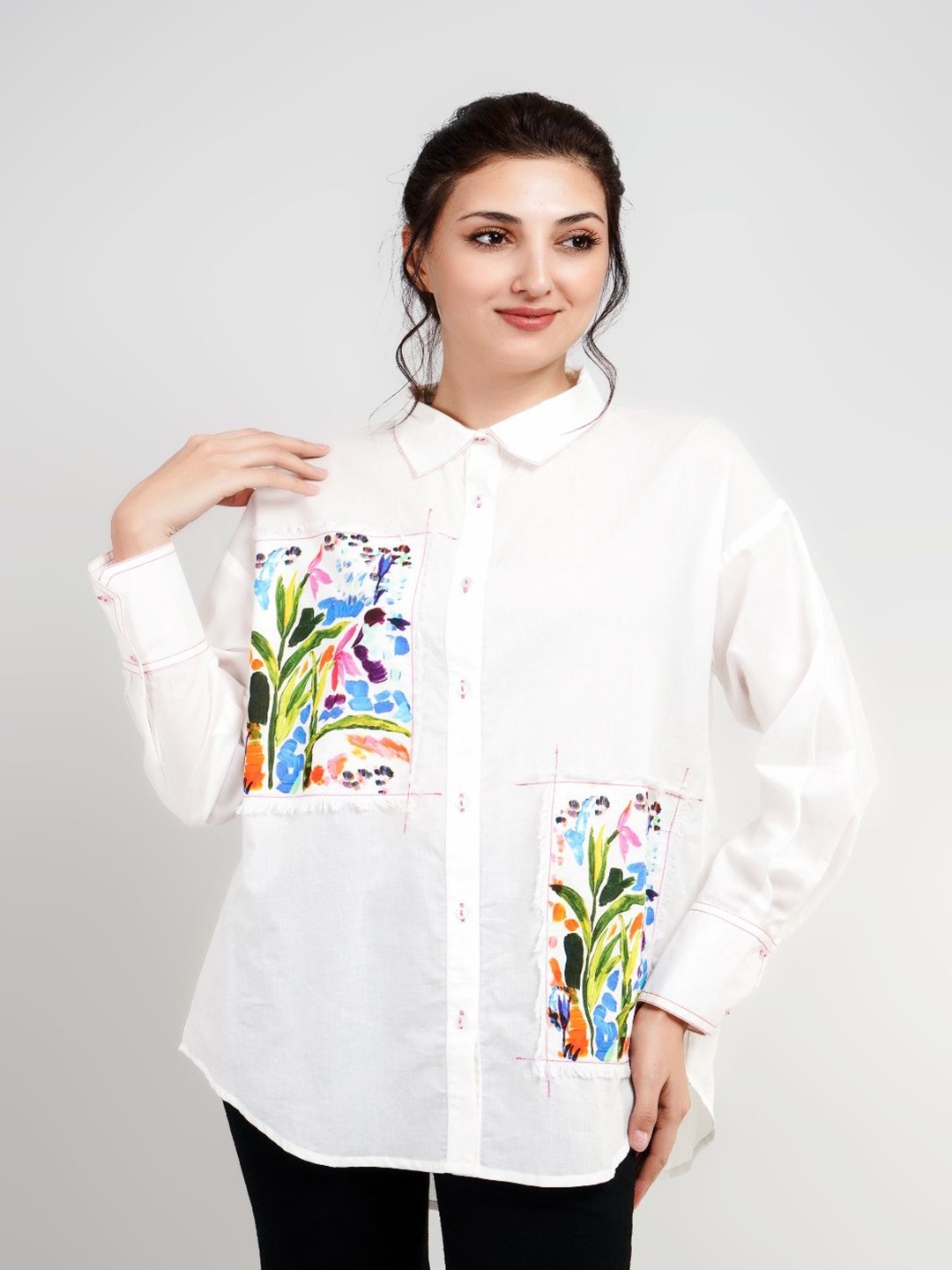 

Kaftanize Women Comfort Floral Opaque Printed Casual Shirt, White