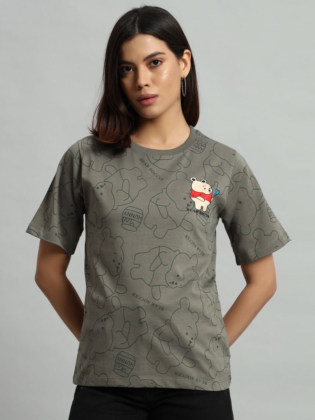 

AECK Women Typography Printed Round Neck Cotton T-shirt, Grey