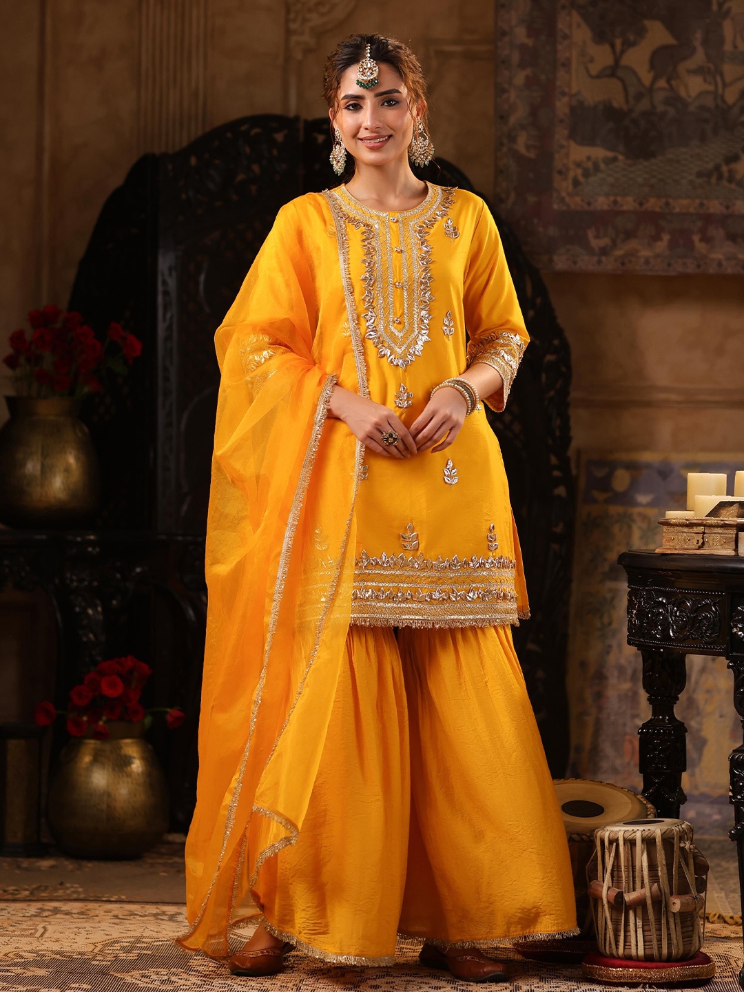 

SCAKHI Floral Embroidered Gotta Patti Chanderi Silk Straight Kurta with Sharara & Dupatta, Mustard