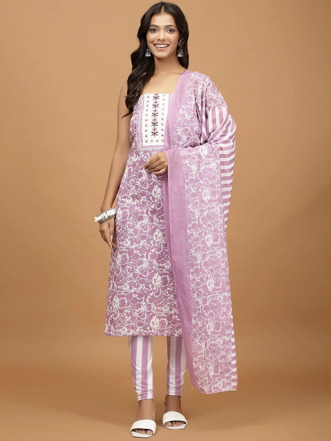 

Meena Bazaar Floral Printed Unstitched Dress Material, Purple
