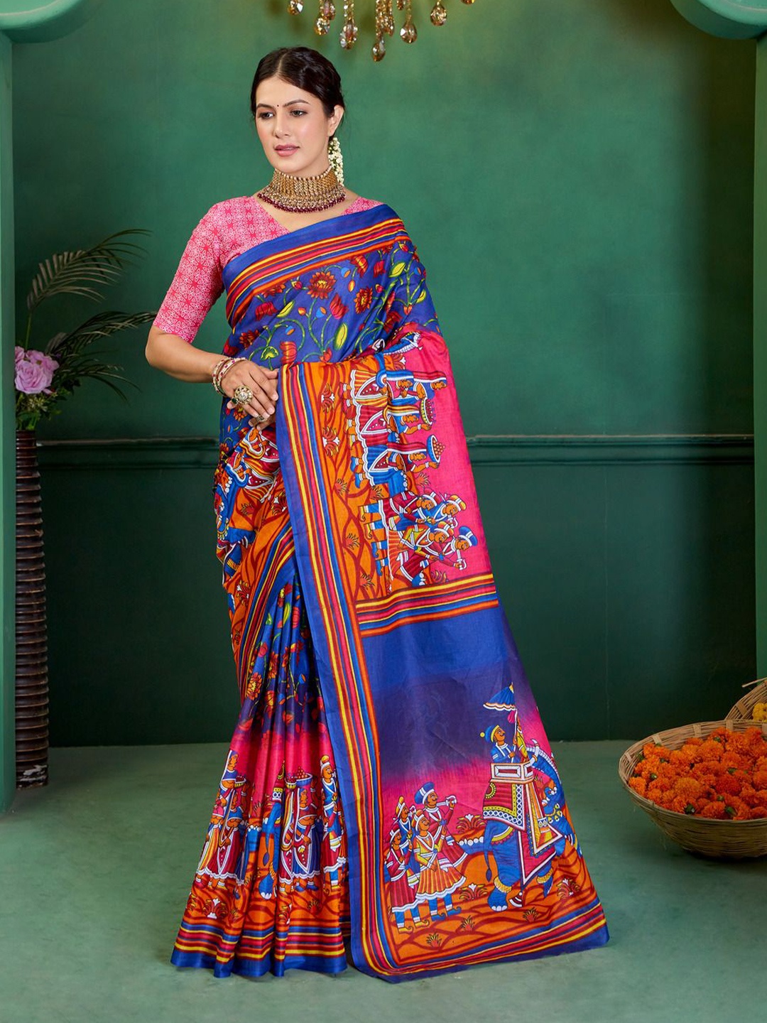 

Anouk Kalamkari Pure Cotton Bagh Saree, Navy blue