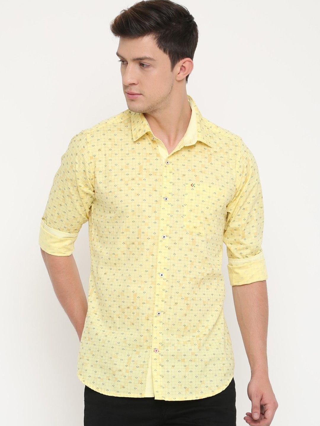 

Cross Court Men Slim Fit Micro Checks Opaque Printed Casual Shirt, Yellow