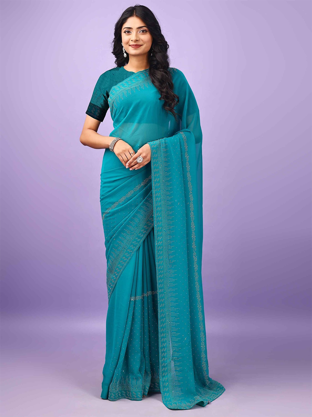 

Leelavati Beads and Stones Poly Chiffon Saree, Green