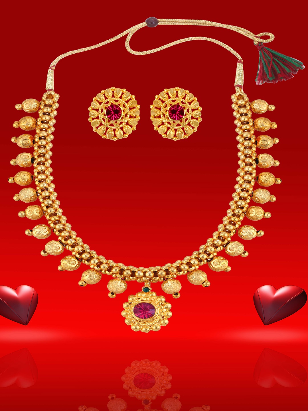 

Heer Collection Gold-Plated Ethnic Matte Thushi Choker Necklace And Earrings