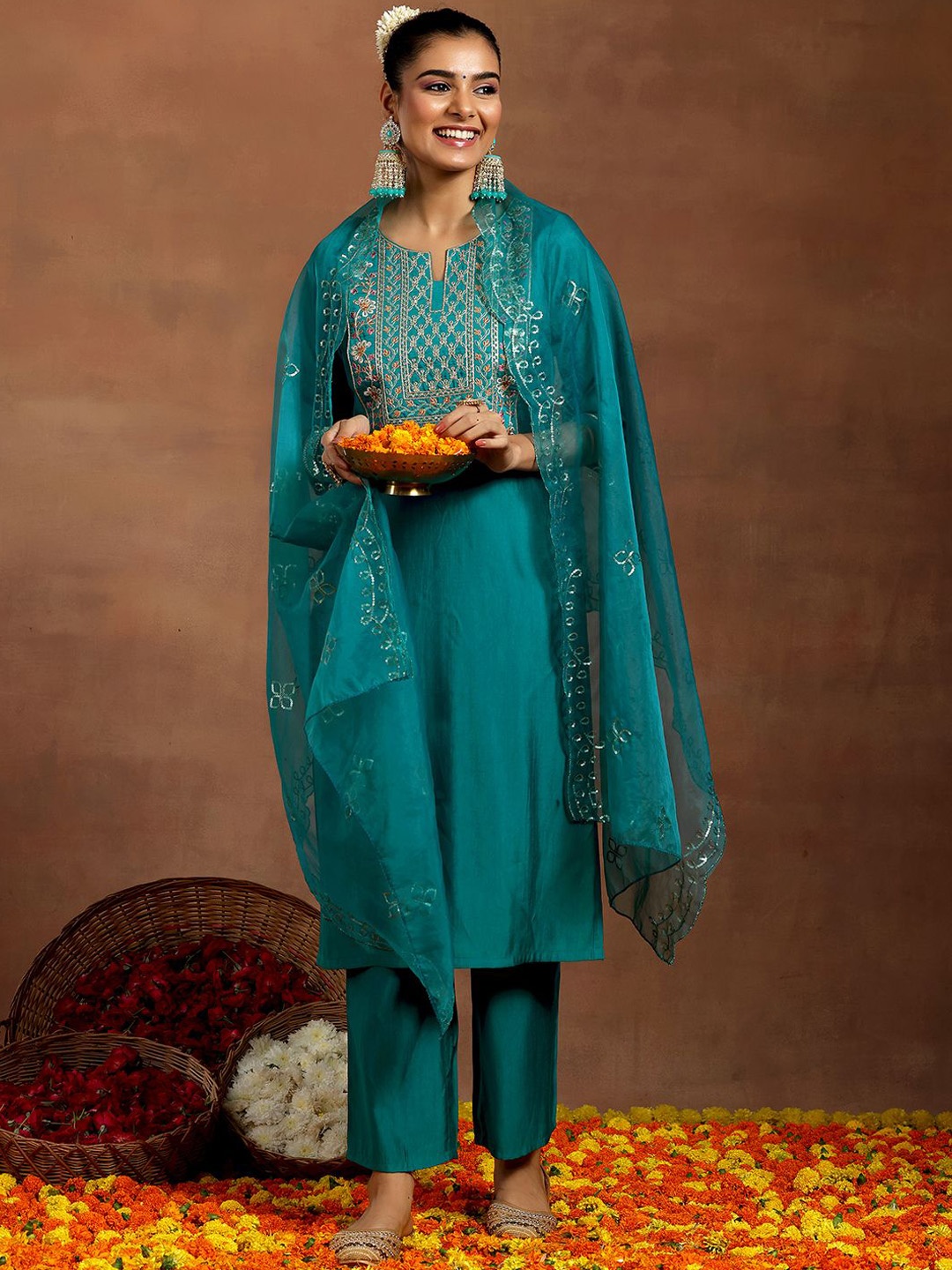 

Libas Floral Embroidered Thread Work Straight Kurta with Trousers & Dupatta, Teal