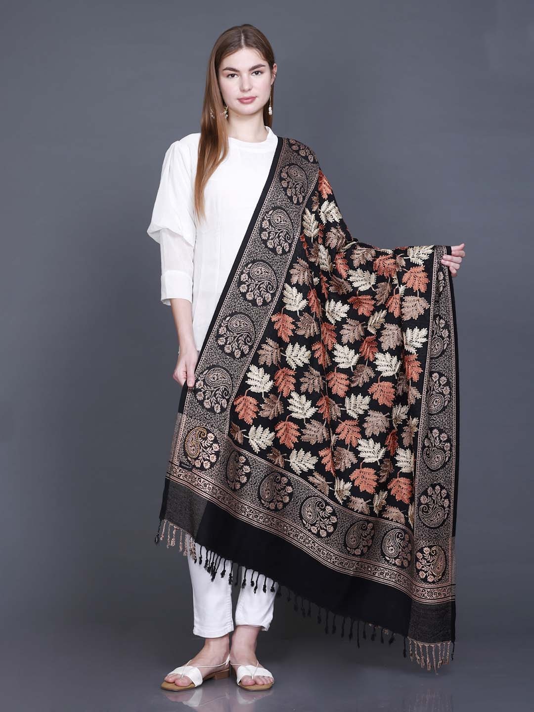 

GODFREY Floral Embroidered Woolen Shawl, Black