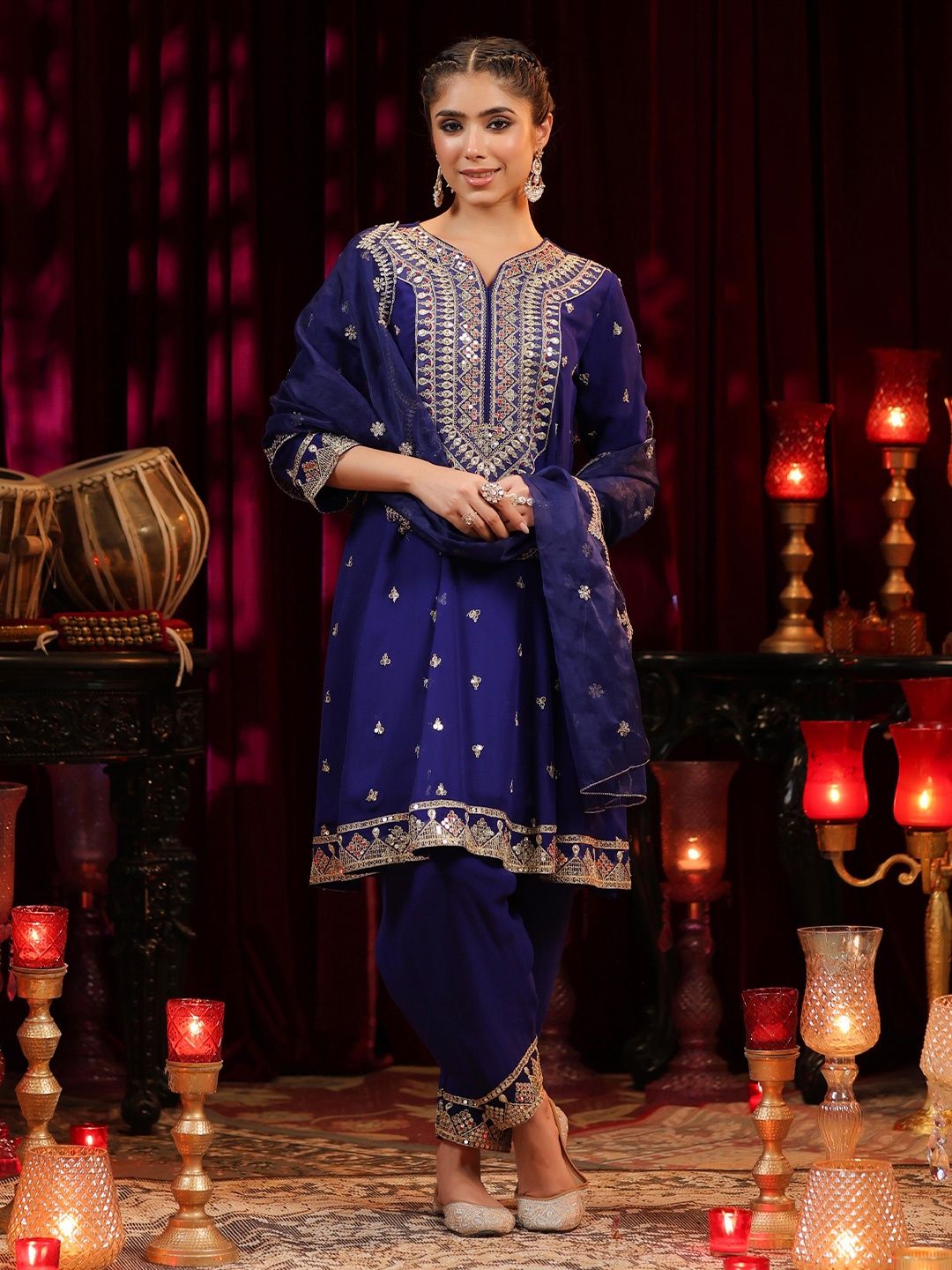 

SCAKHI Ethnic Motifs Embroidered Panelled Sequinned Anarkali Kurta with Salwar & Dupatta, Blue