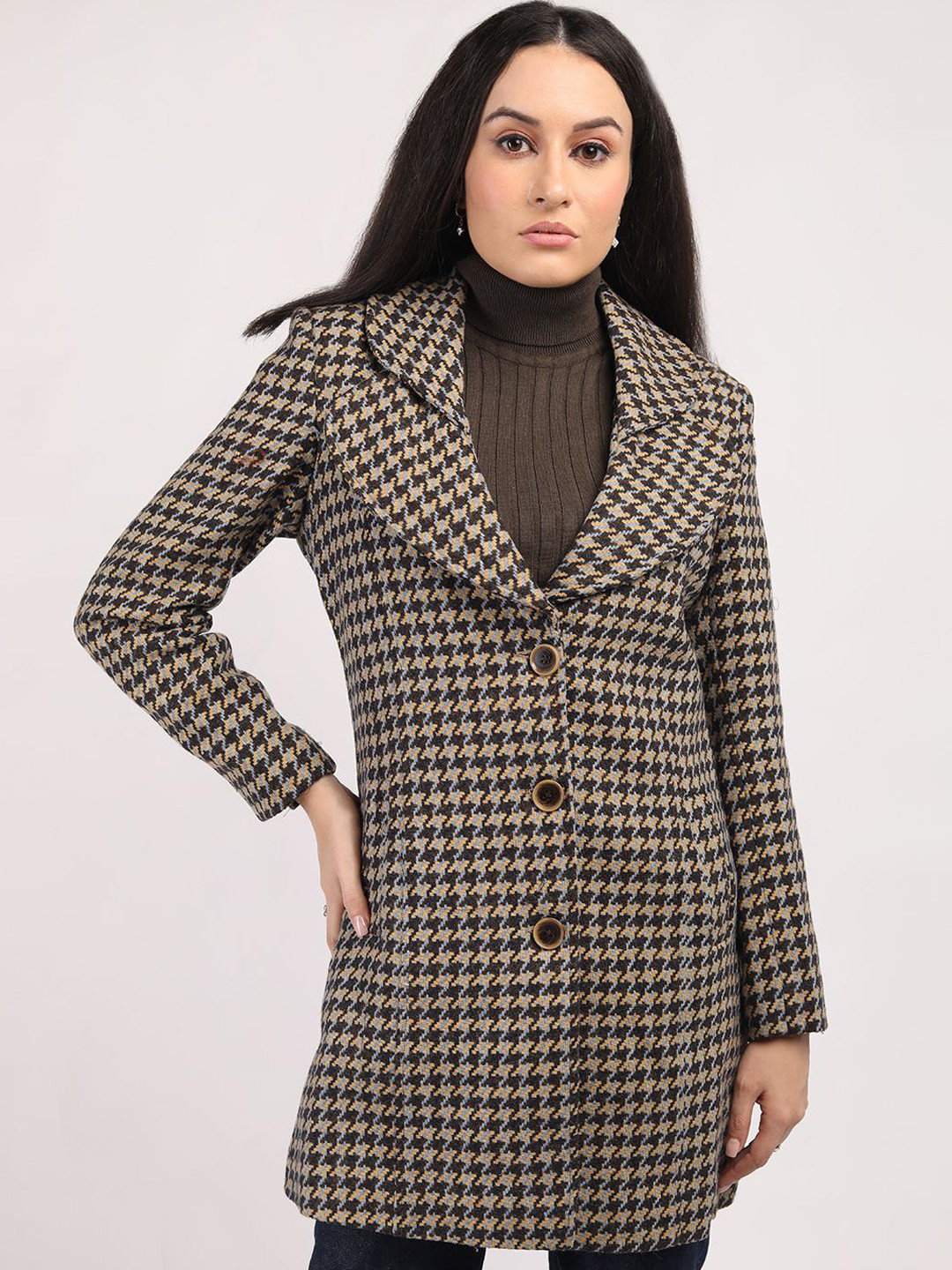 

HONNETE Women Checked Single Breasted Notched Lapel Winter Coat, Beige