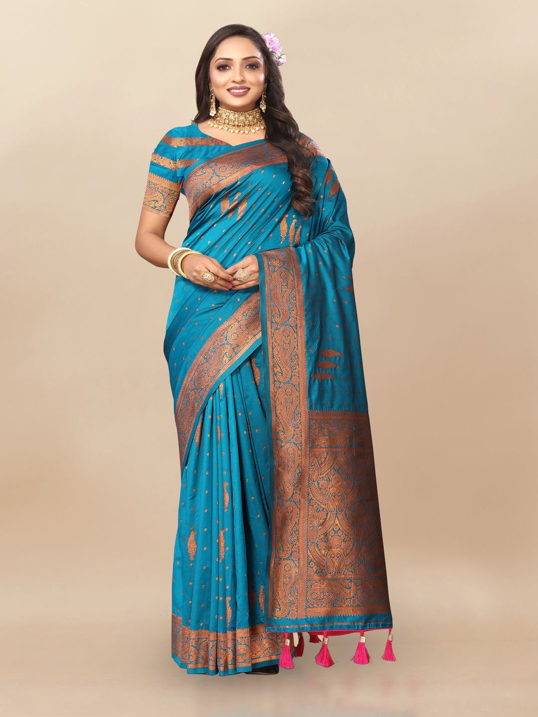 

MOKSHA DESIGNS Ethnic Motifs Woven Design Zari Pure Silk Banarasi Saree, Blue