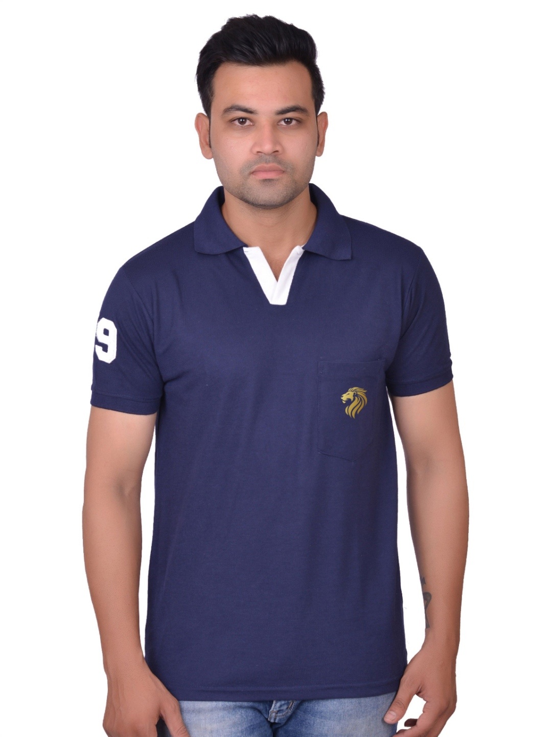 

LA MILANO Men Polo Collar Applique Slim Fit T-shirt, Navy blue