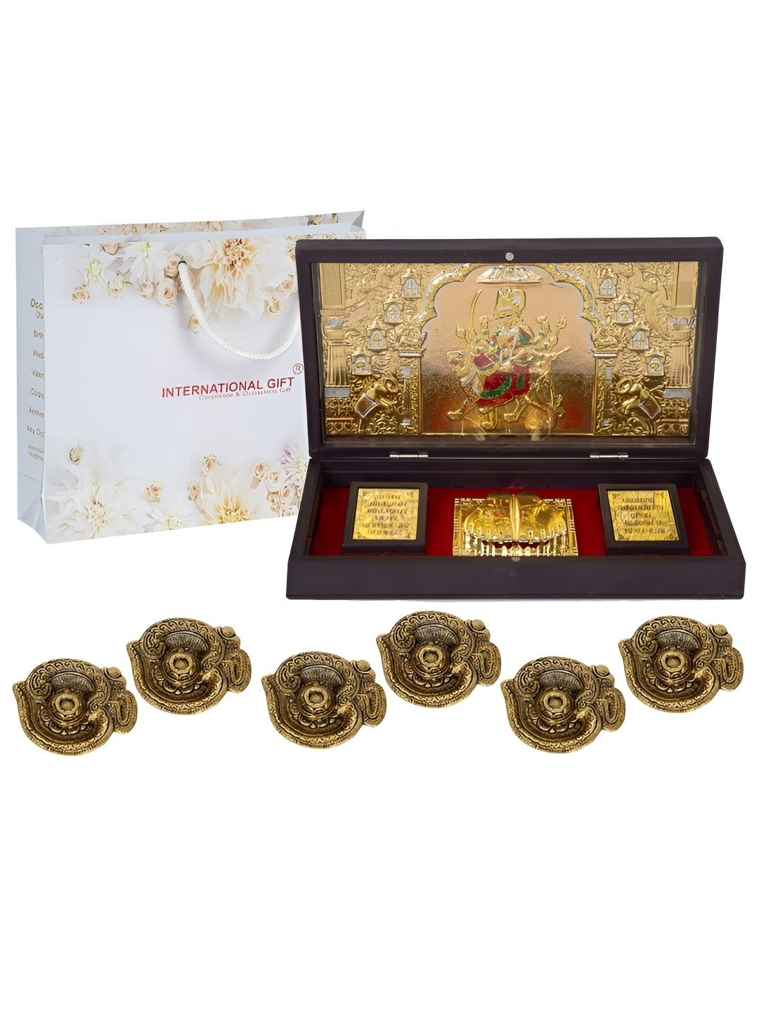 

INTERNATIONAL GIFT Gold-Toned Durga Mata Charan Paduka Box with 6 Diyas