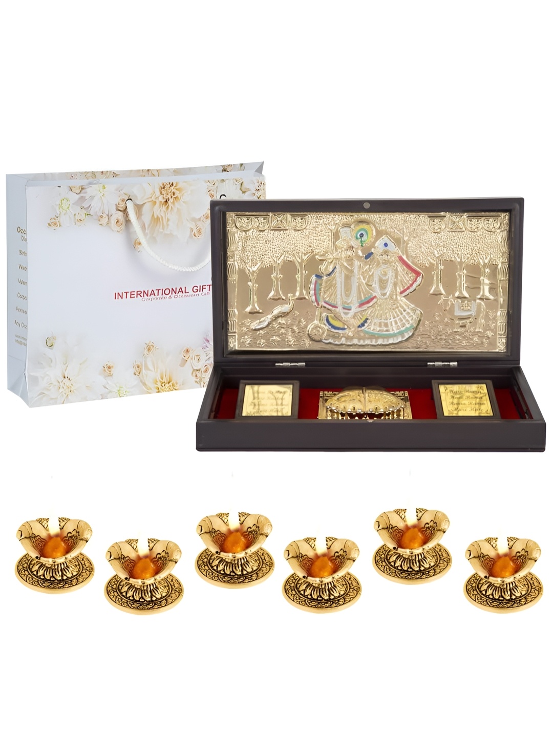 

INTERNATIONAL GIFT Gold-Toned Radha Krishna Charan Paduka With Diyas