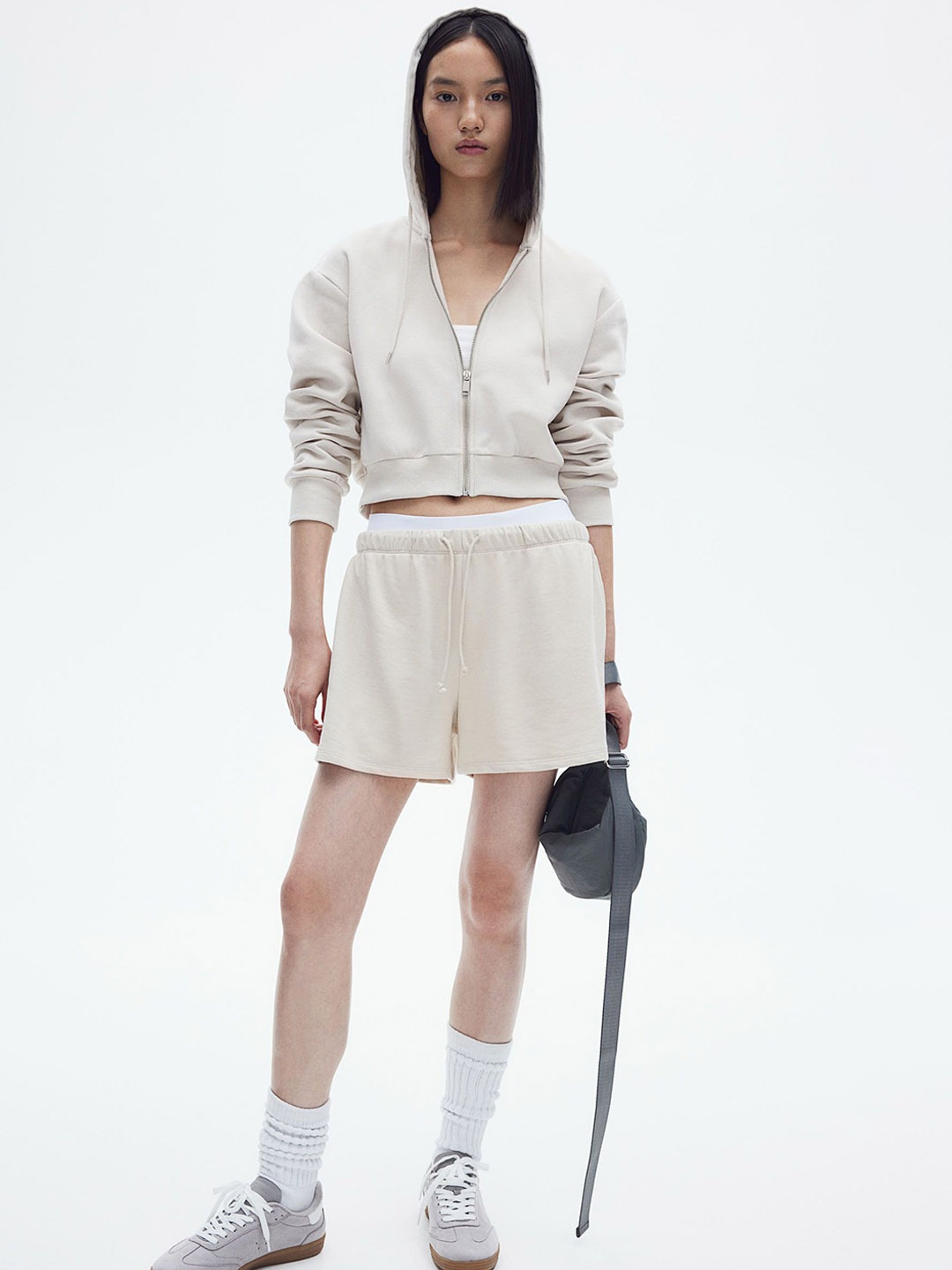

H&M Women Loose Fit Sweatshirt Shorts, Beige