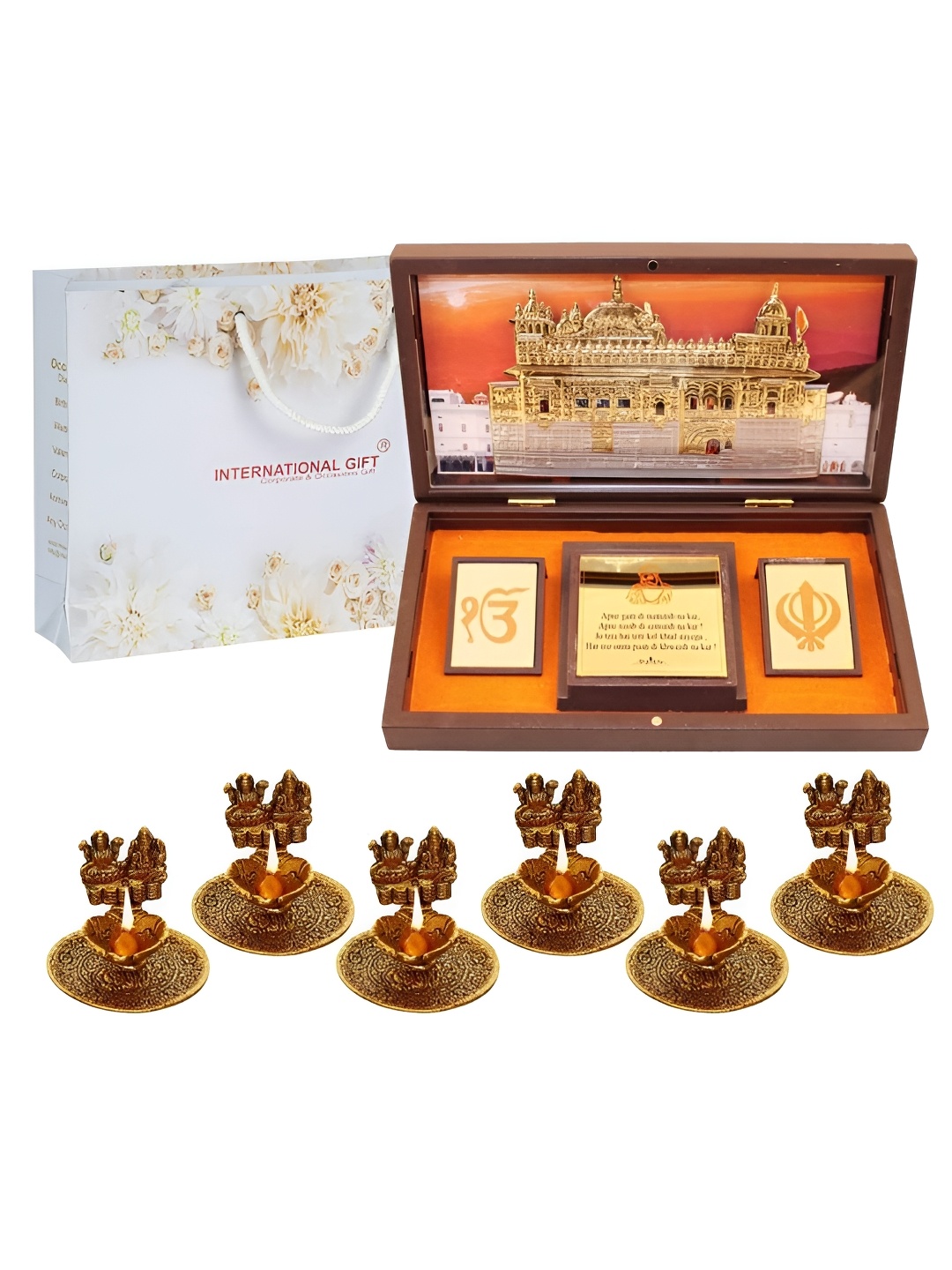 

INTERNATIONAL GIFT Gold-Toned Golden Temple Frame with Message Box & 6 Diya