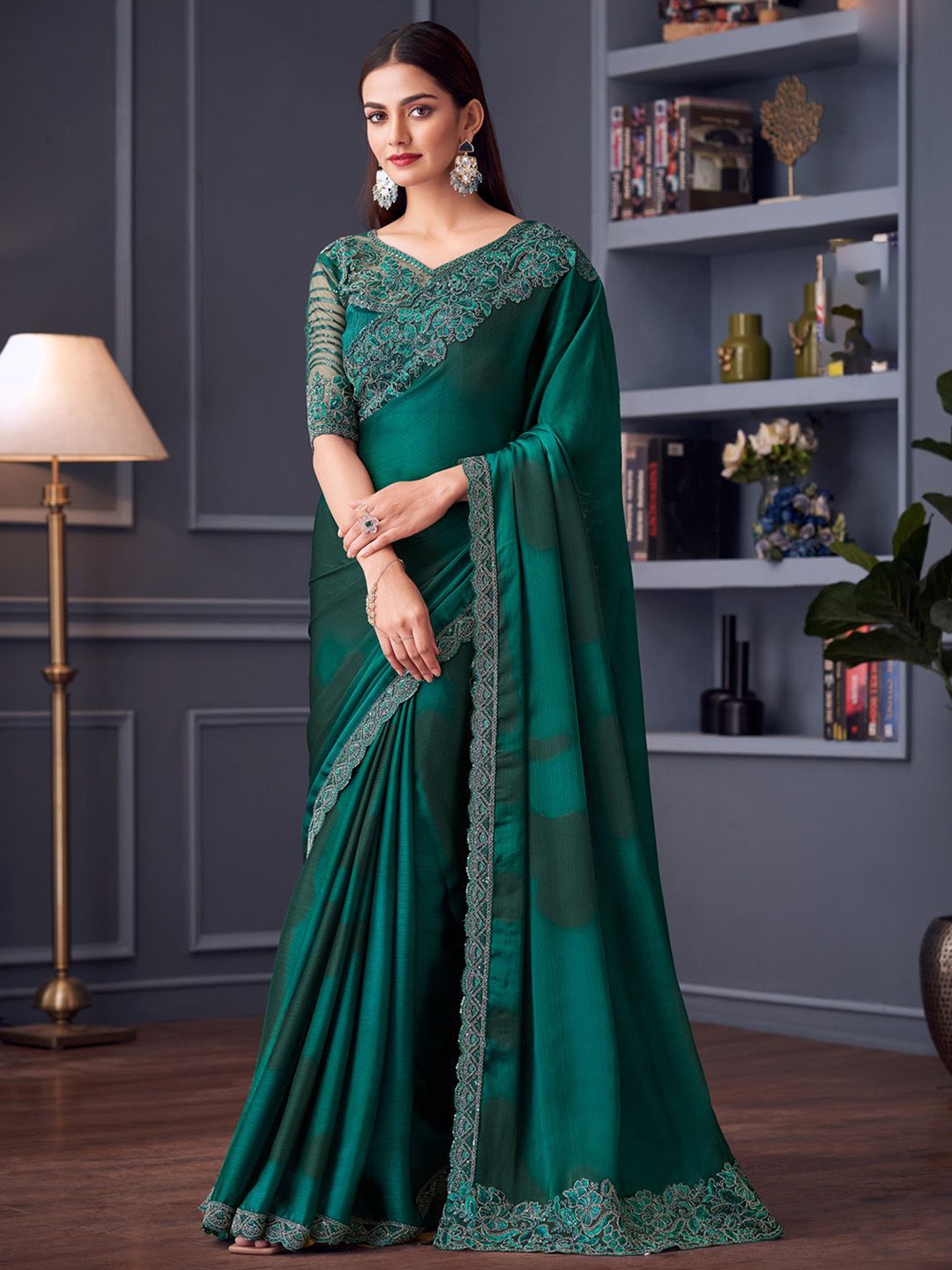 

Mitera Embroidered Satin Saree, Teal