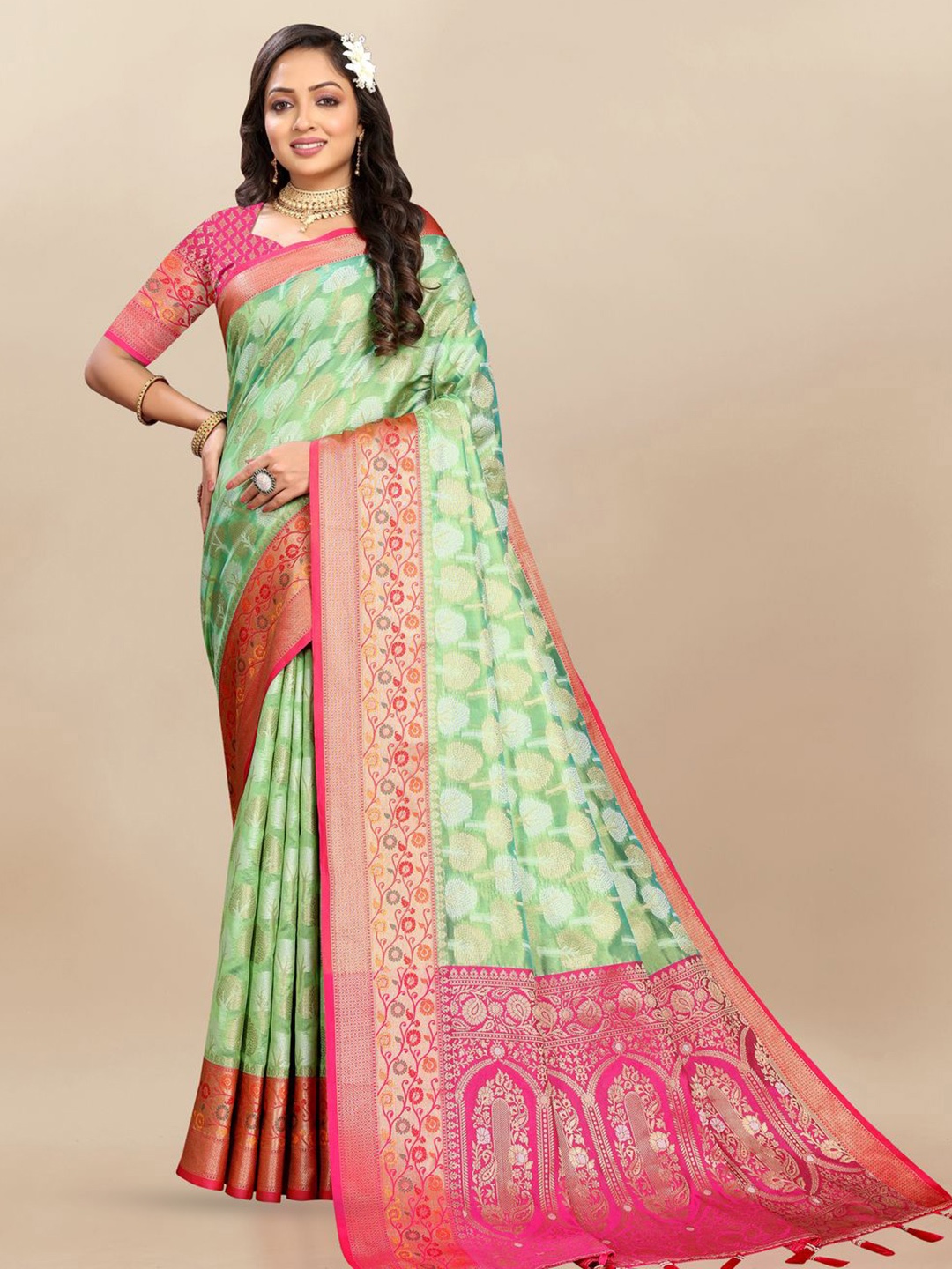 

MOKSHA DESIGNS Ethnic Motifs Woven Design Zari Pure Silk Paithani Saree, Green