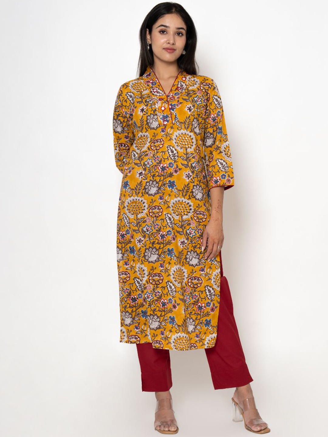 

Kameez by Pooja Kejriwal Floral Printed Mirror Work Pure Cotton Kurta With Trouser, Mustard