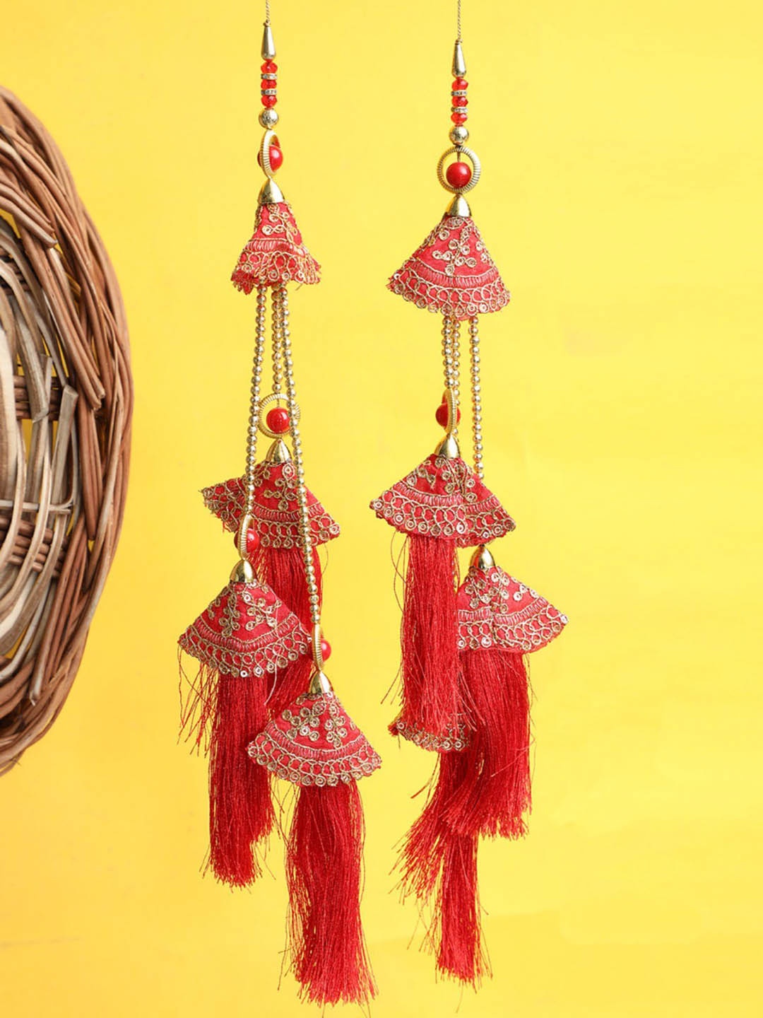 

ANIKAS CREATION Set Of 2 Gold Plated Beaded & Studded Hanging Latkans, Red