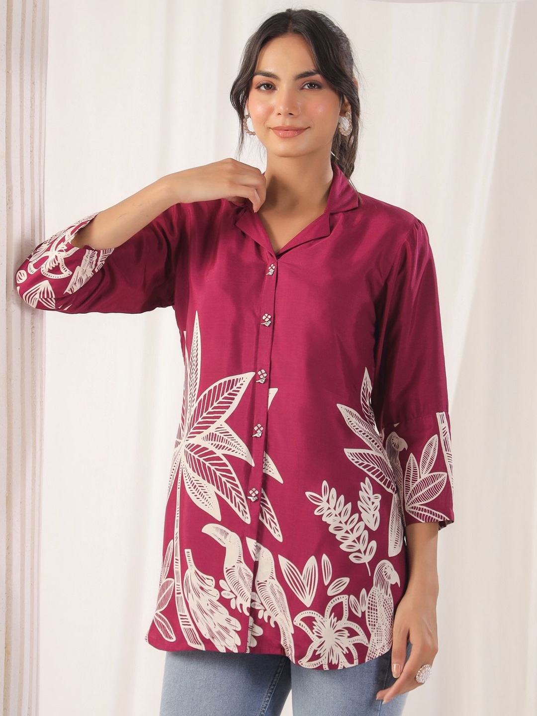 

JISORA Women Floral Printed Cuban Collar Pure Silk Top, Purple