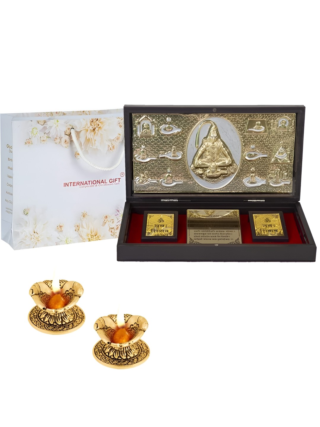 

INTERNATIONAL GIFT Gold-Toned Religious Lord Shiv Charan Paduka Showpiece with 2 Diya