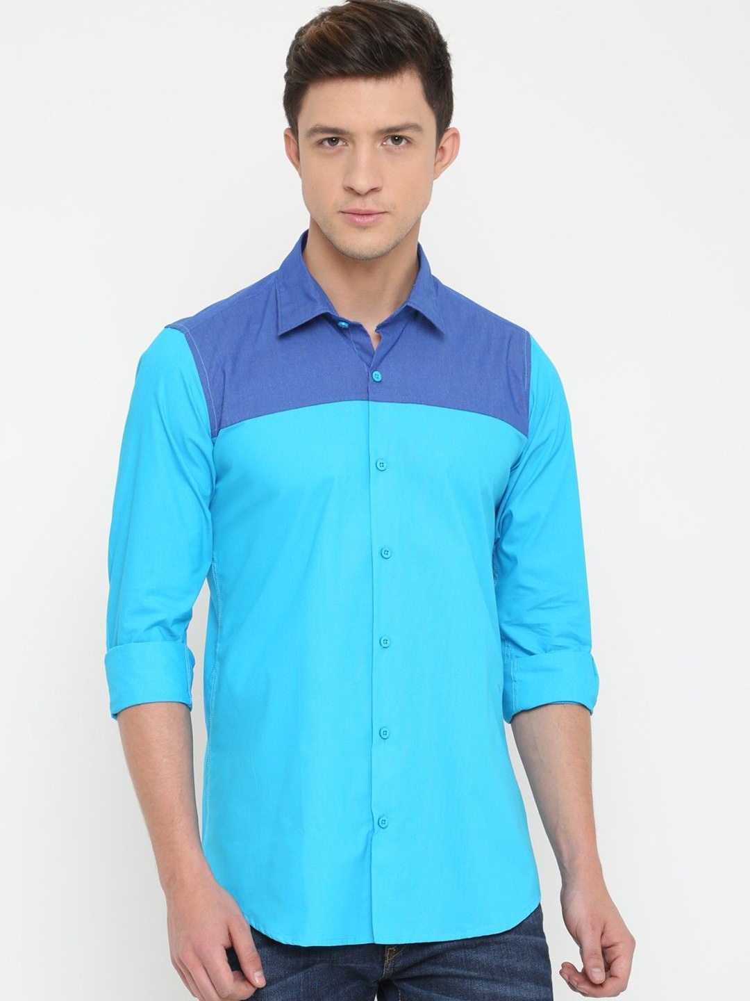 

Cross Court Men Slim Fit Opaque Colourblocked Casual Shirt, Turquoise blue