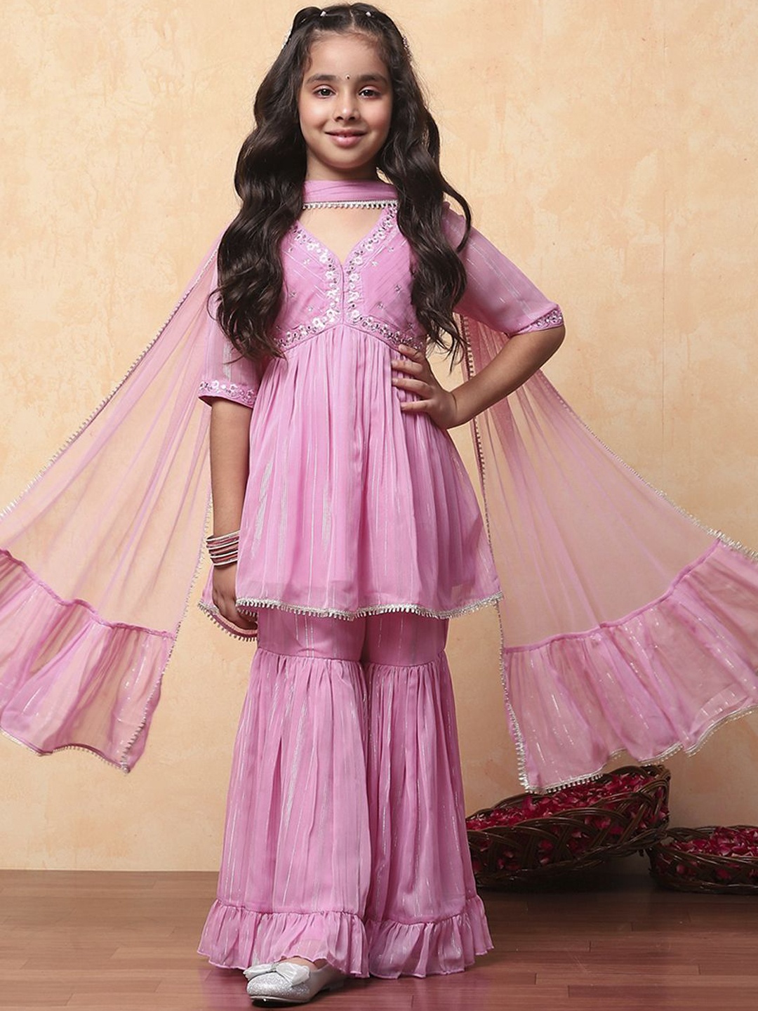 

Biba Girls Floral Yoke Design Sequinned Empire A-Line Kurti with Sharara & With Dupatta, Pink