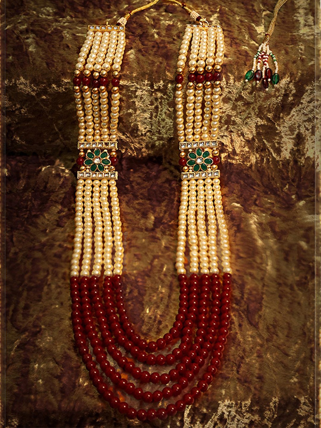 

Radhe Creation Men Gold-Plated Kundan Studded & Pearls Beaded Six Layered Necklace