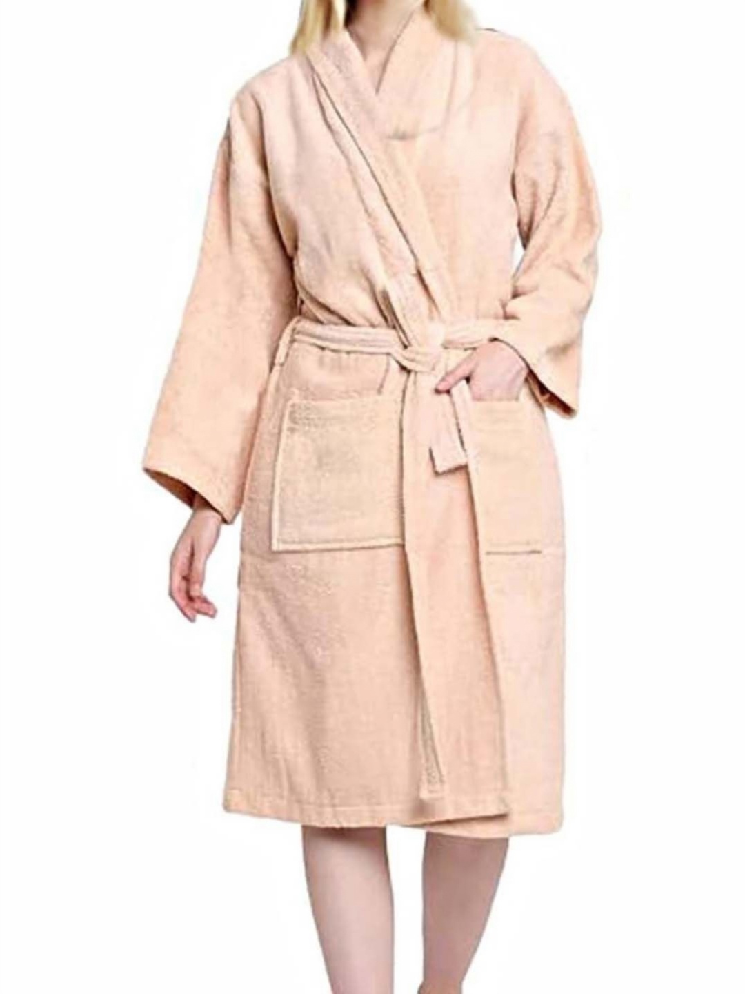 

BOMBAY DYEING Peach-Coloured Pure Cotton Long Sleeve Bath Robe With Waist Belt